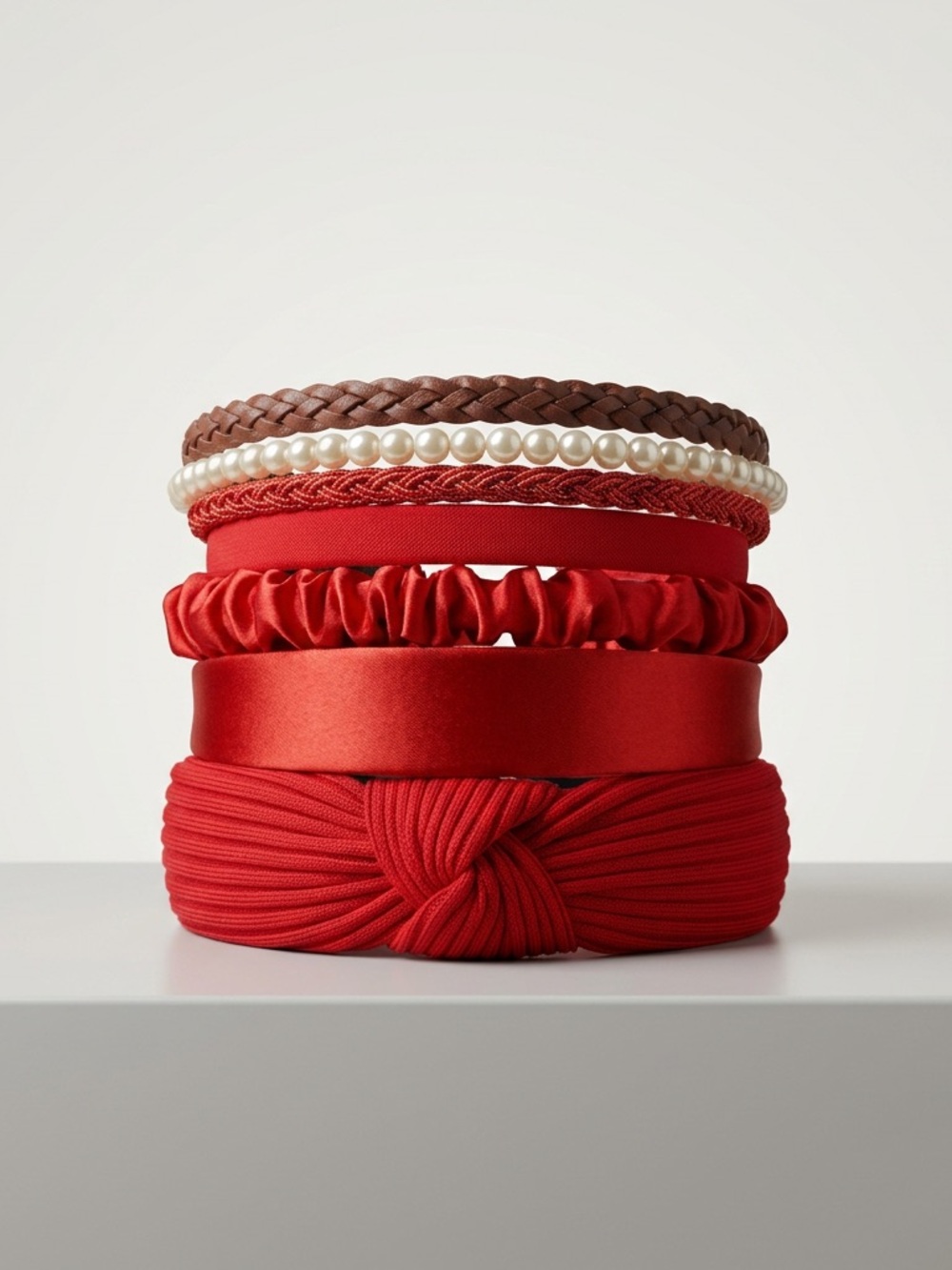 Set of Red & Brown Layered Headbands with Pearls